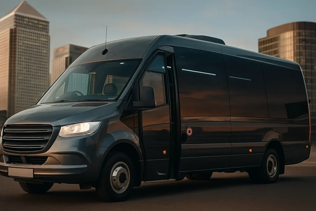 Executive Mercedes minibus for hire with driver parked near Heathrow Airport, ideal for group travel in and around London