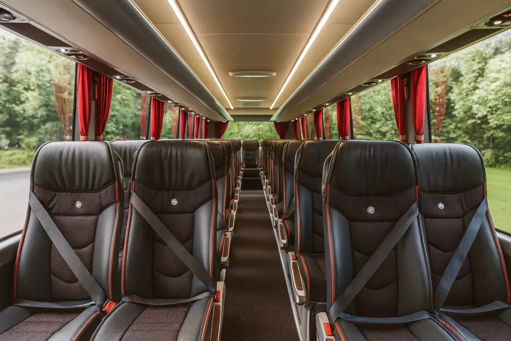 luxury-minibus-interior-leather-seats - Minibus Hire With Driver Luxury minibus interior with premium black leather seats, red accents, and spacious aisle professionally photographed for hire services in the UK