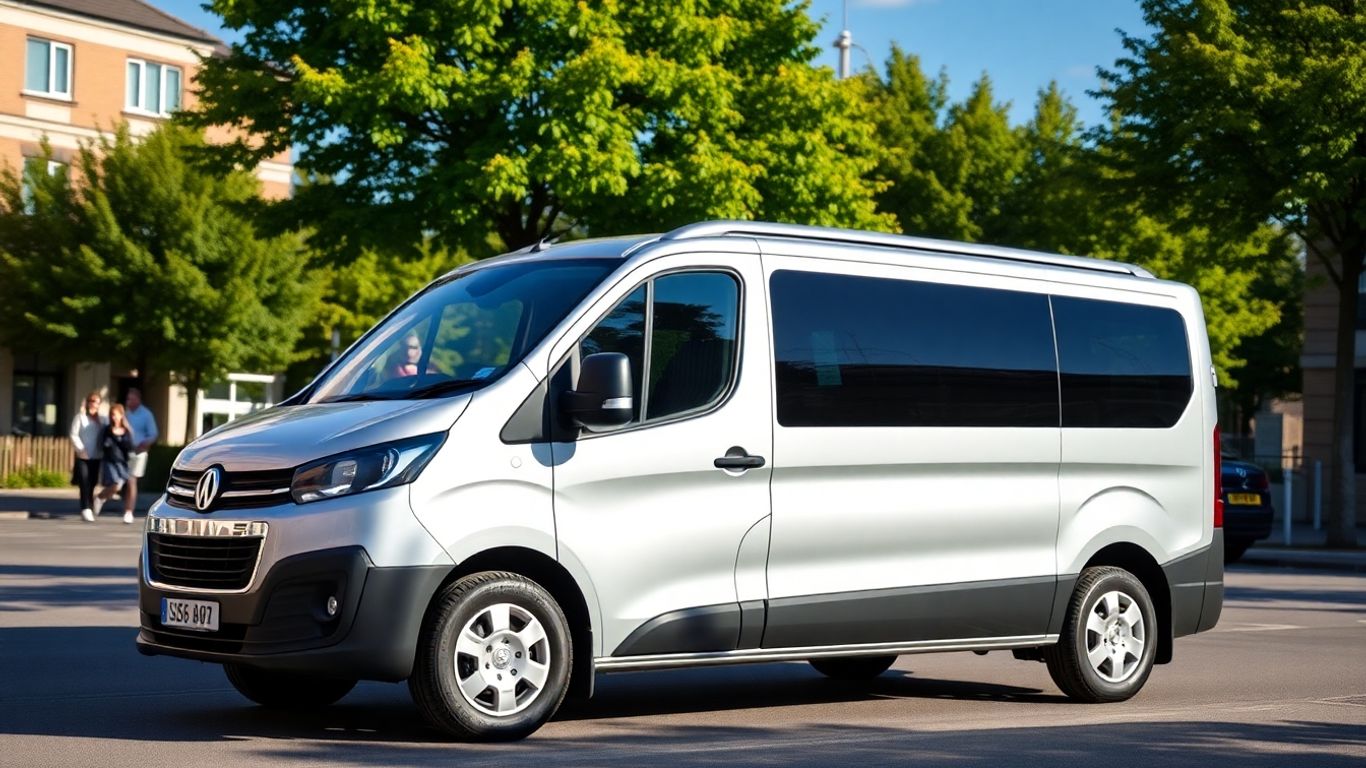 Silver 8 seater minibus parked on a street in Slough.