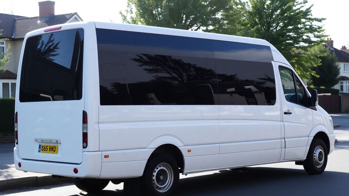 White 16 seater minibus parked on a street in Slough.