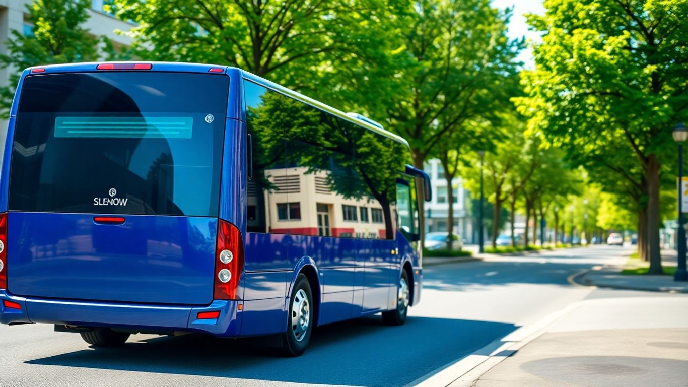 Minibus travelling through a sunny Slough street.