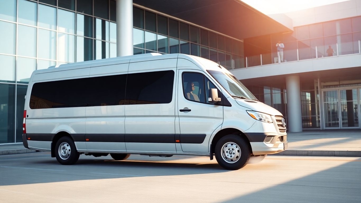 Minibus parked outside Slough airport terminal building.