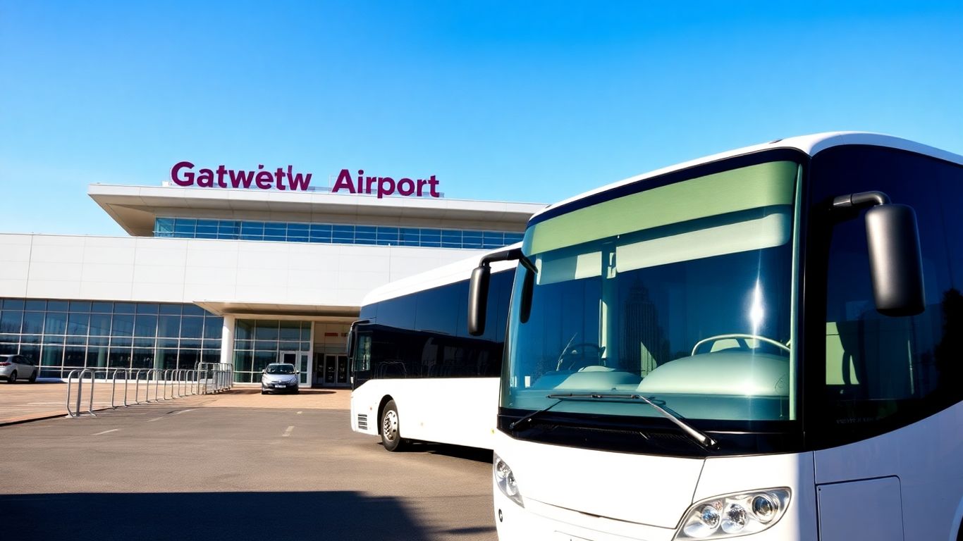 Coach bus arriving at Gatwick Airport terminal.