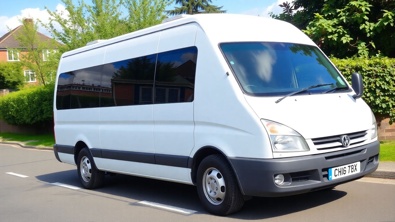 Wedding minibus parked on a sunny Slough street.